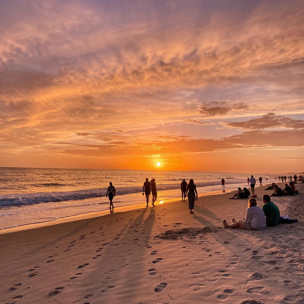 Wenn die Sonne im Meer versinkt, zeigt sich, warum Strände zu den beliebtesten Sehnsuchtsorten der Welt gehören. (KI-generiert)