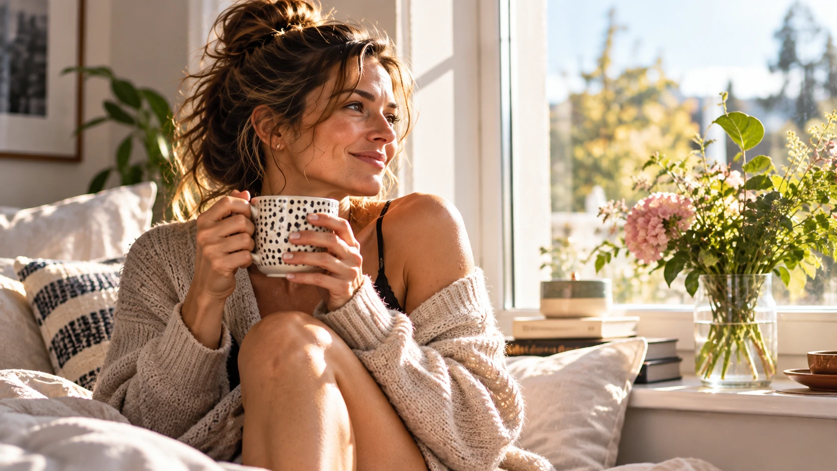 Sonniger Morgen mit Tee am Fenster.webp