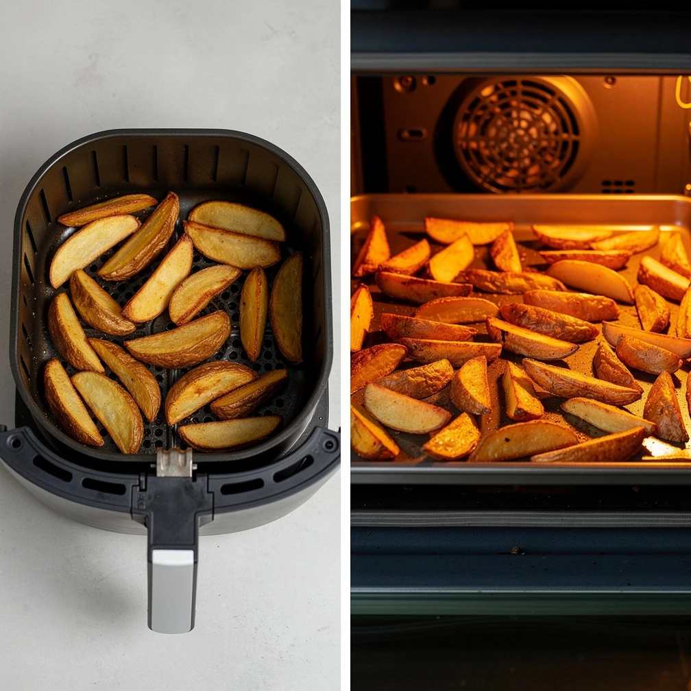 Gleiche Beilage, unterschiedliche Zubereitung: Der kompakte Airfryer punktet bei kleinen Portionen, während der Backofen mehr Fläche bietet. (KI-generiert)