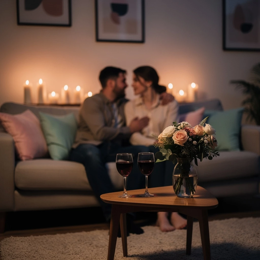 Ein gemütlicher Filmabend zu zweit: Kuschelige Stimmung, Kerzenlicht und ein Glas Wein – Valentinstag kann so einfach schön sein. (KI-generiertes Bild)