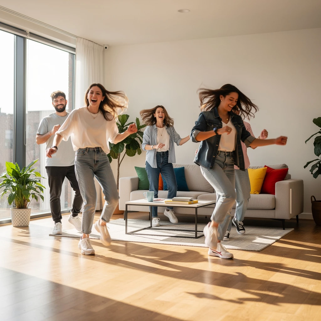 So fühlt sich Abnehmen plötzlich leicht an: Tanzen im Wohnzimmer – ganz ohne Fitnessstudio. (KI-generiert)