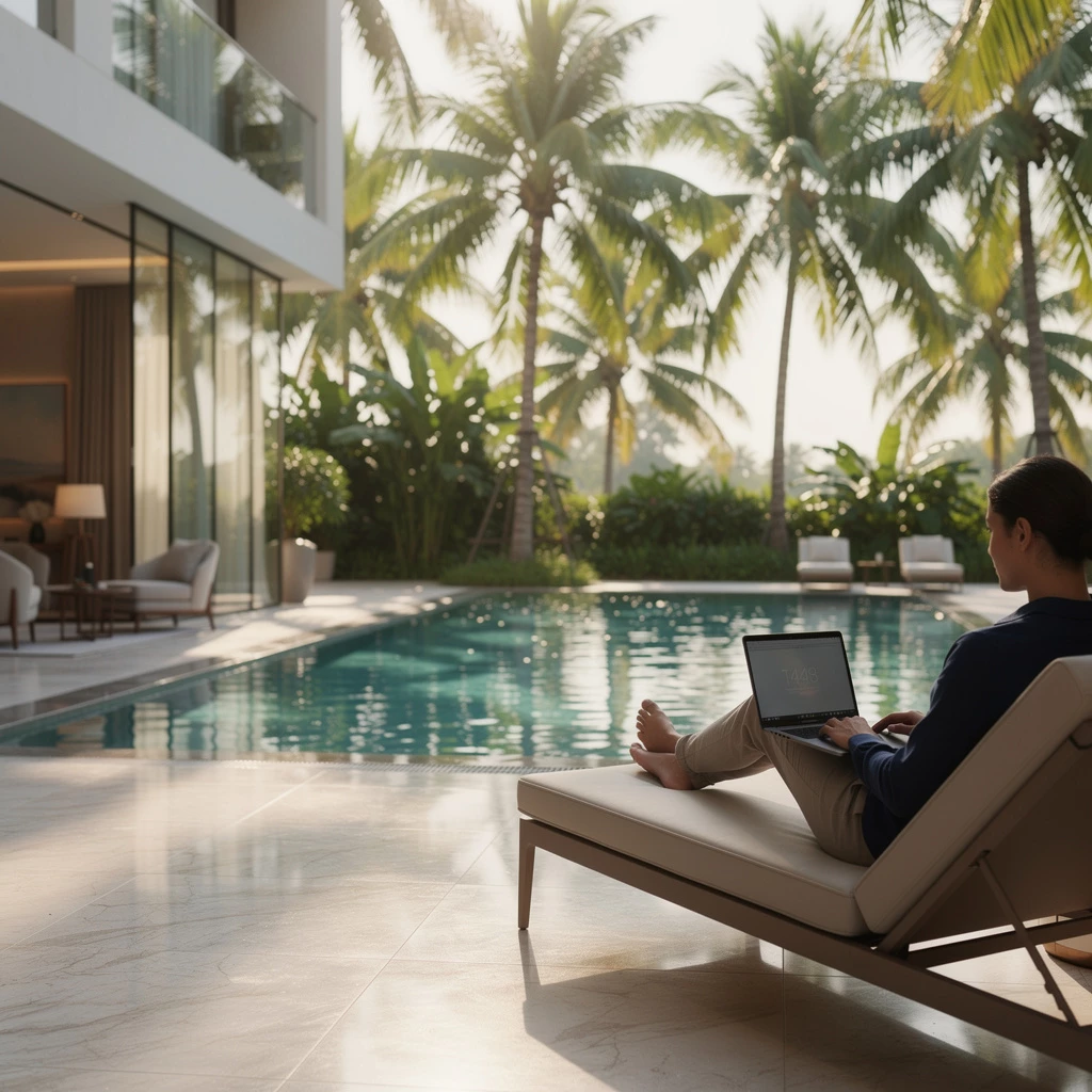 Zwischen Cappuccino und Konferenzcall: Der Traum vom flexiblen Arbeiten braucht Disziplin – nicht nur WLAN. (KI-generiert)