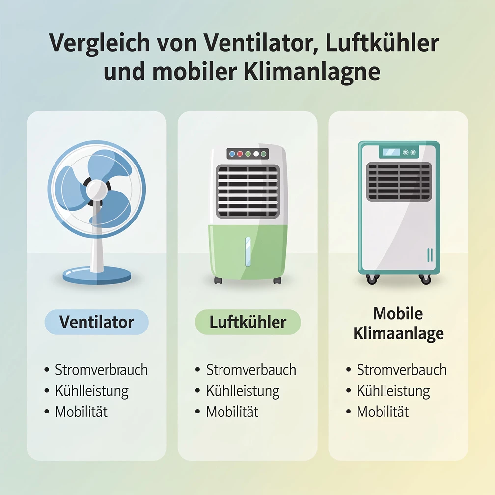 Ventilator bewegt die Luft, der Luftkühler nutzt Verdunstungskälte und die mobile Klimaanlage senkt die Raumtemperatur aktiv. Die Grafik zeigt die wichtigsten Unterschiede auf einen Blick. (KI-generiert)