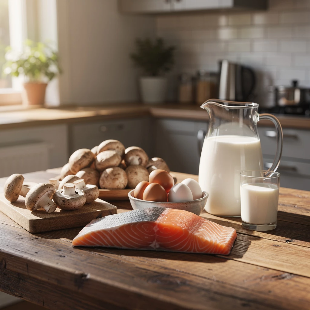 Natürliche Vitamin-D-Quellen auf einen Blick: Lachs, Champignons und Milchprodukte können helfen, den Bedarf zu unterstützen – besonders in lichtarmen Monaten. (KI-generiert)