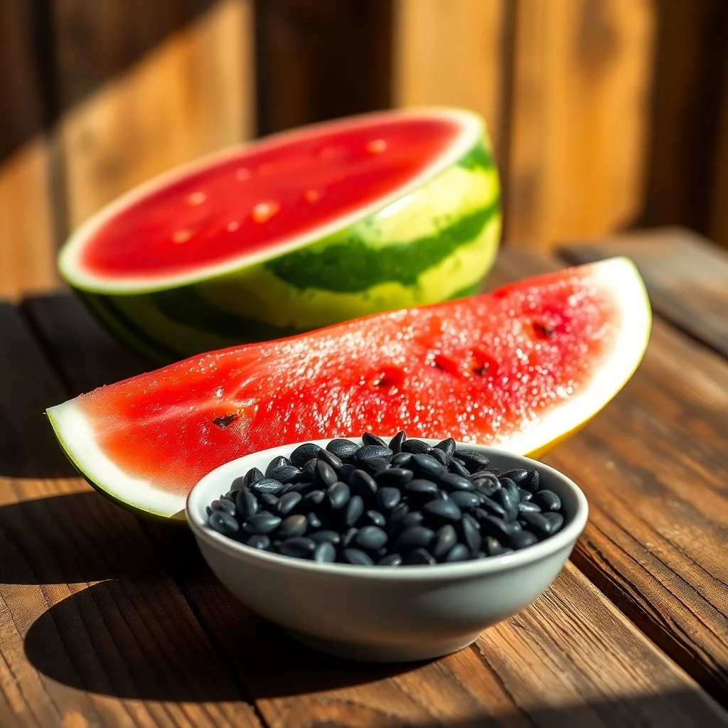 Wassermelone aufgeschnitten, davor Schale mit den echten, schwarzen kleinen Wassermelonenkernen