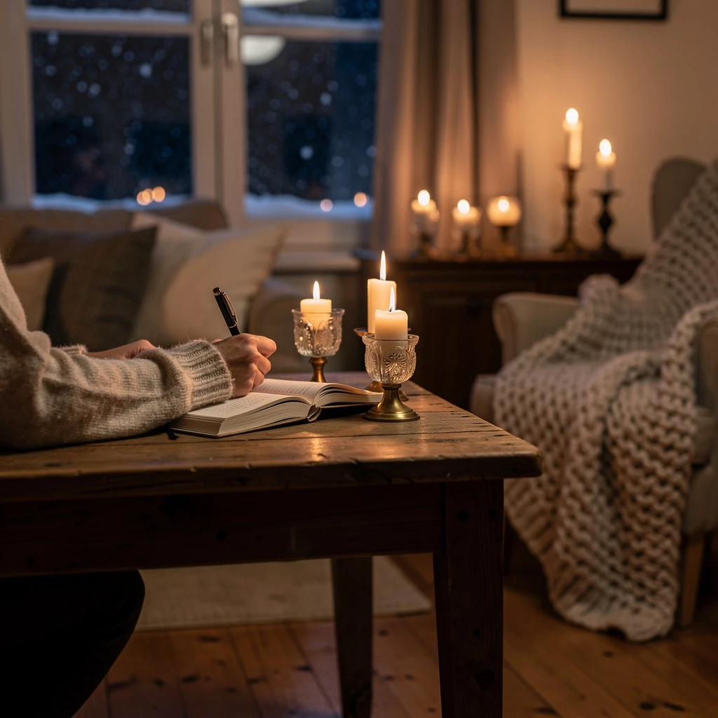 Winterliche Innenszene beim Journaling mit Kerzenlicht