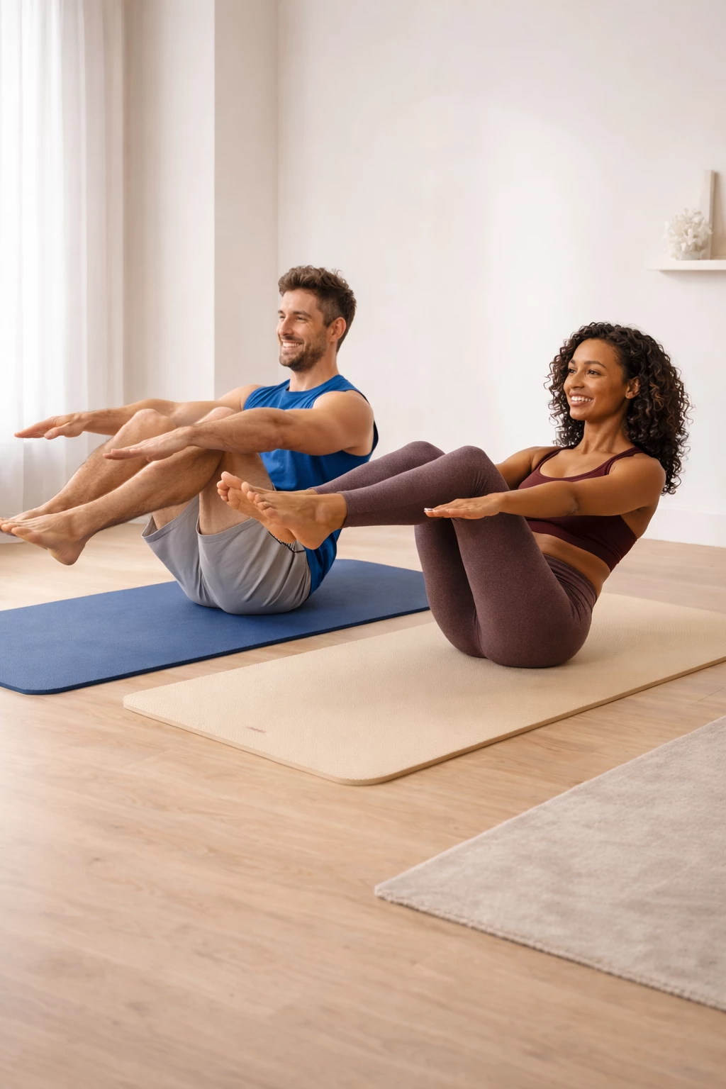 Yogilates zu zweit: Die Haltung stärkt Core, Balance und Körpergefühl – und macht gemeinsam gleich doppelt Spaß. (KI-generiert)