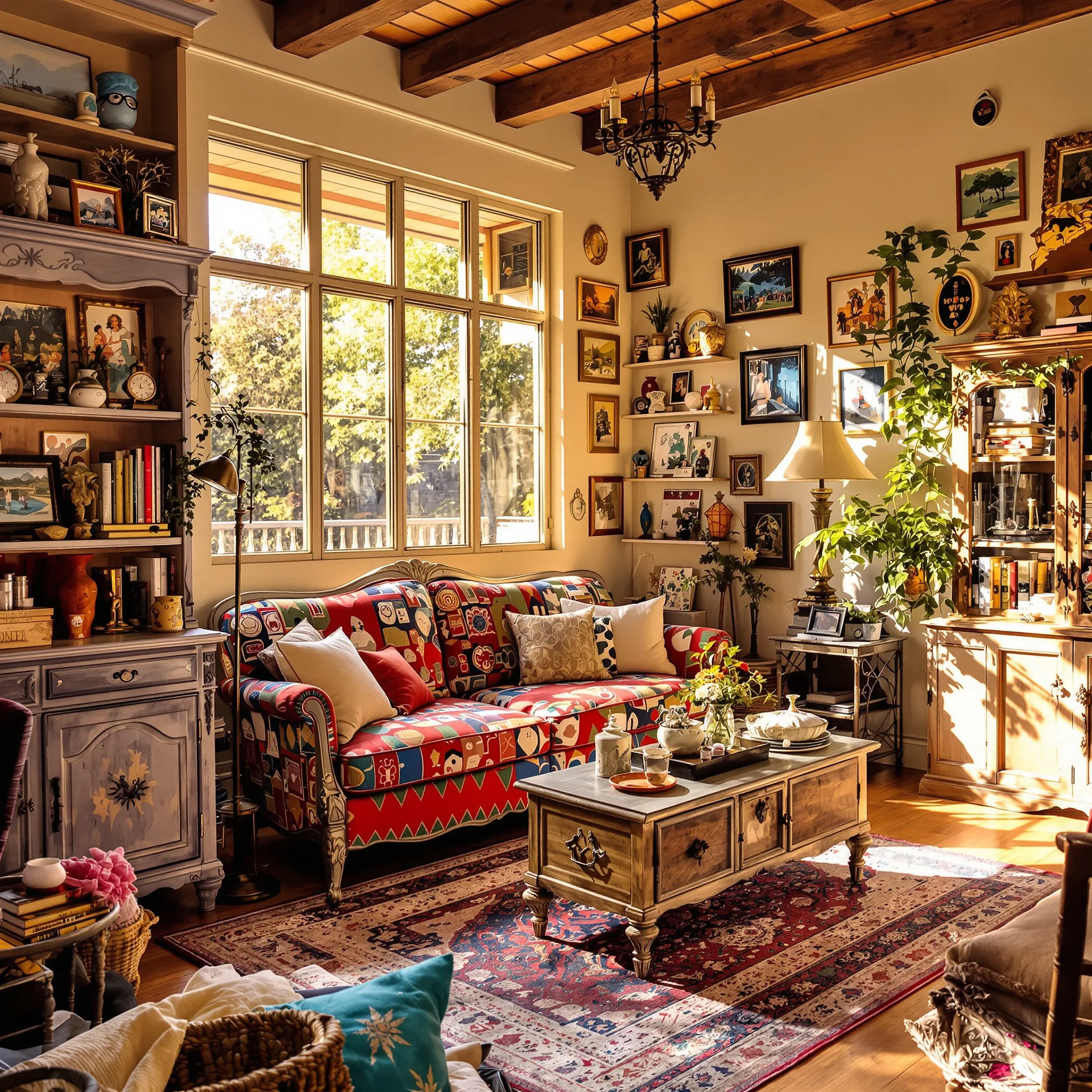 A cozy living room with unique character, featuring eclectic furniture,