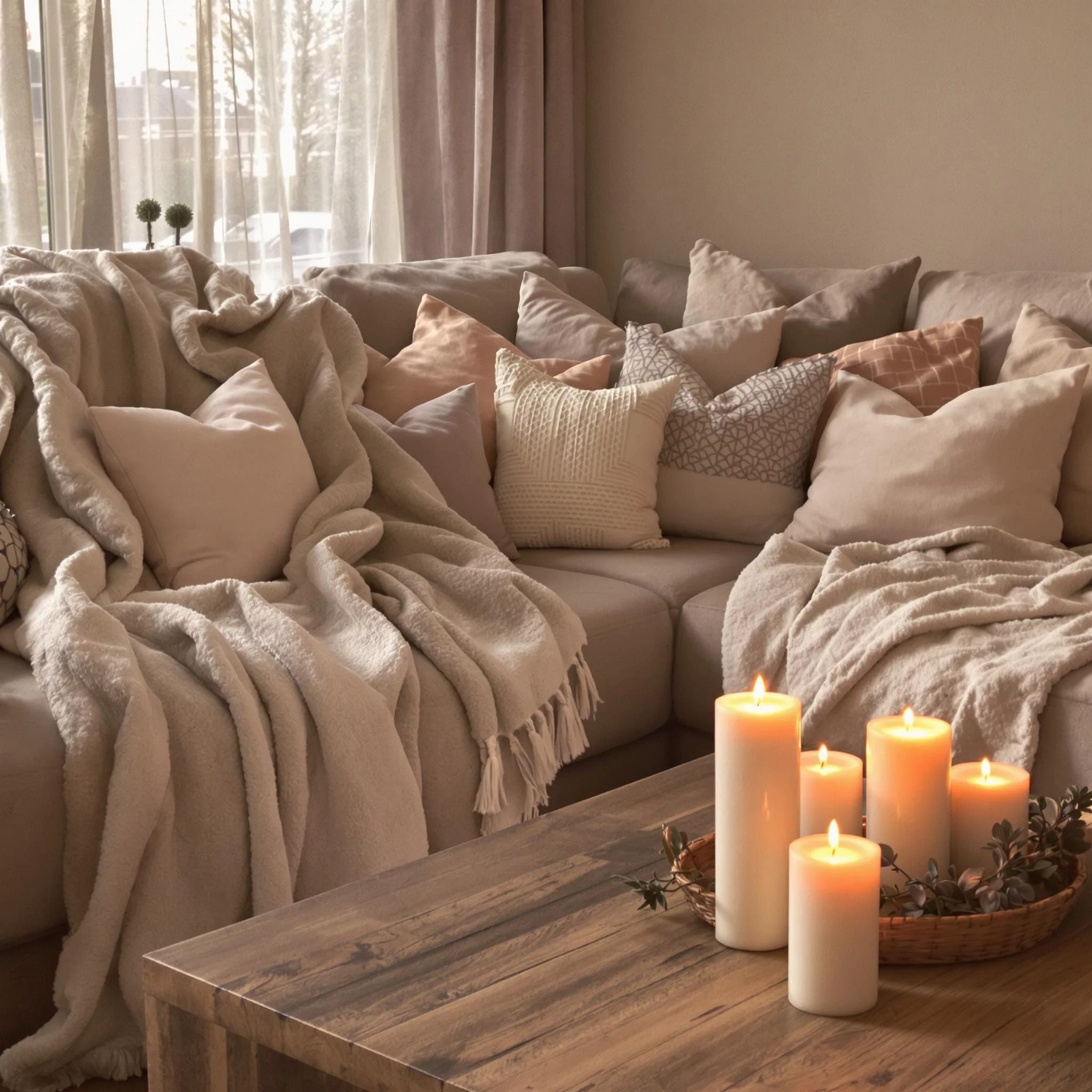 A cozy living setup with throws, pillows, and candles arranged