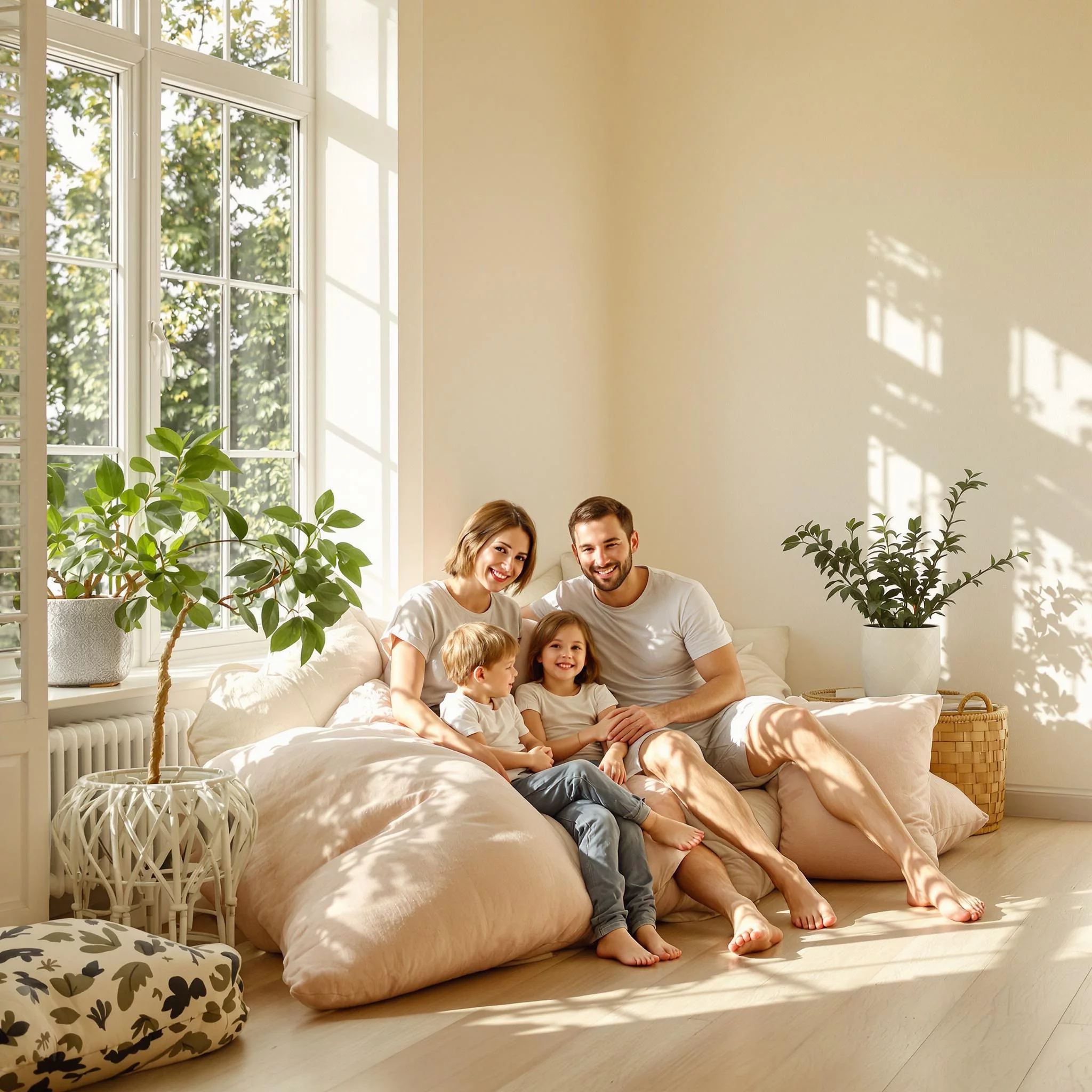 A family practicing mindfulness together in a serene setting, with