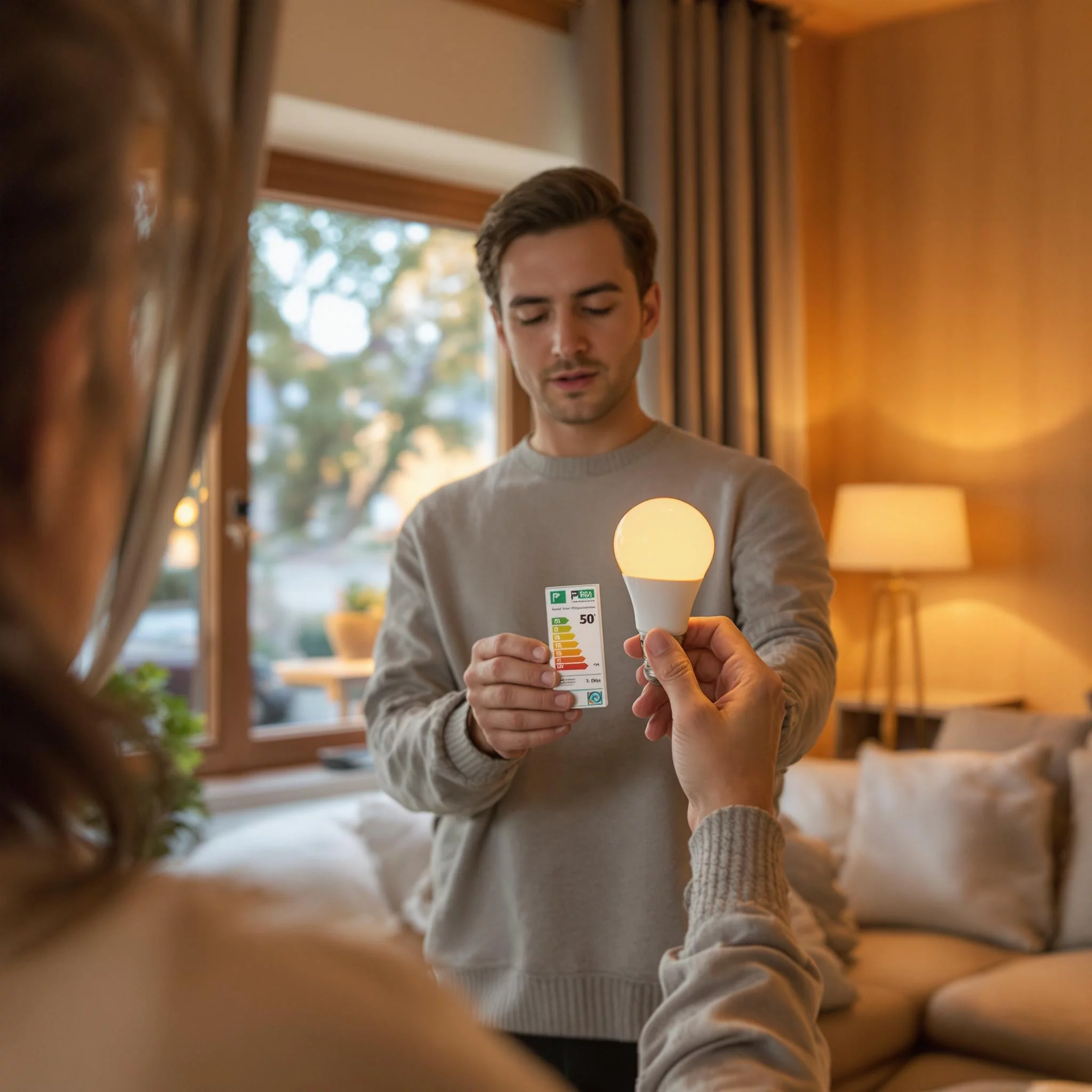A person checking the energy efficiency label on a modern
