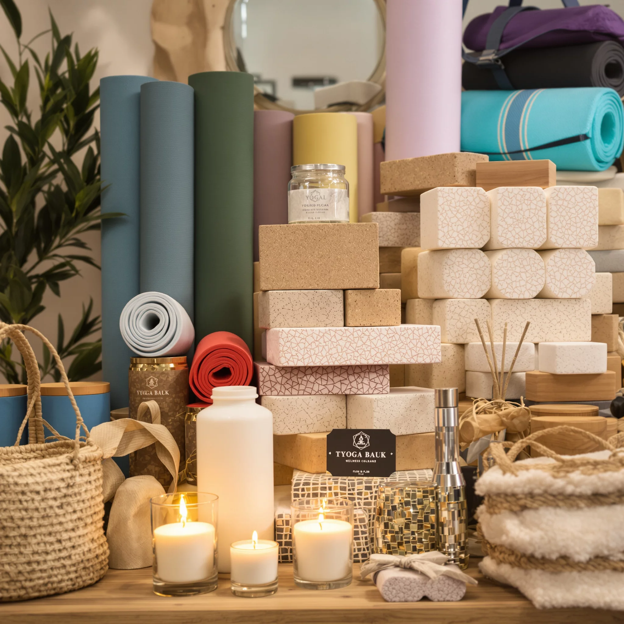 A variety of yoga equipment and wellness products, such as