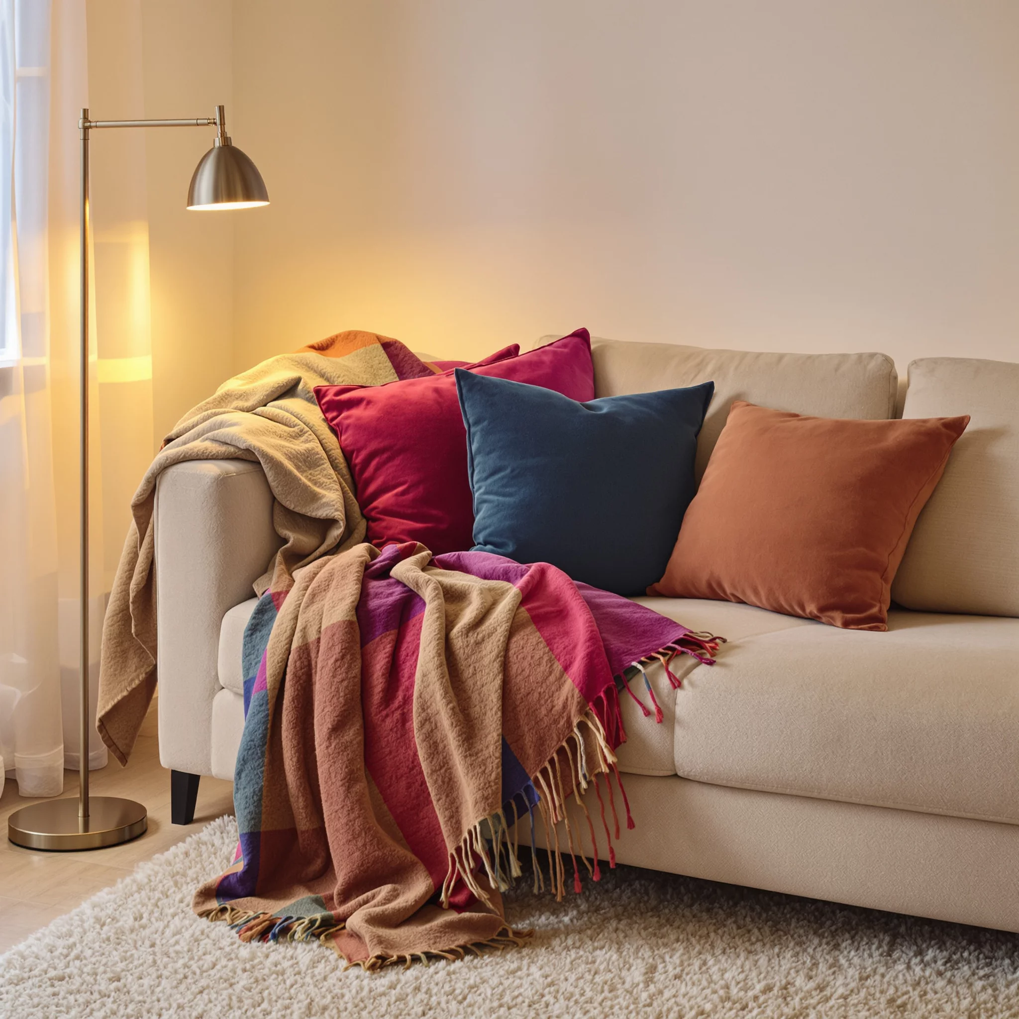 Einladendes Wohnzimmer mit bunten Kissen