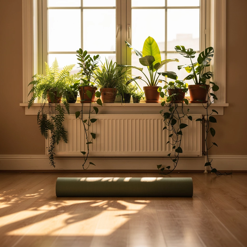 Rückzugszone mit Yogamatte und Pflanzen: Oase zum Wohlfühlen