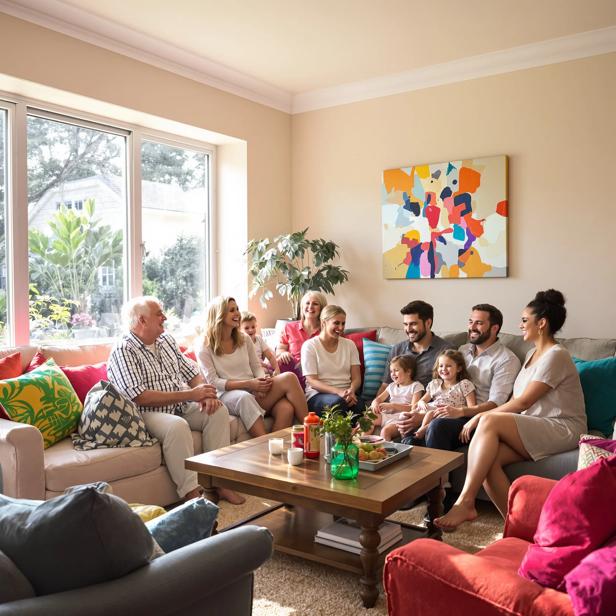 Fröhliche Familienfreude im bunten Wohnzimmer