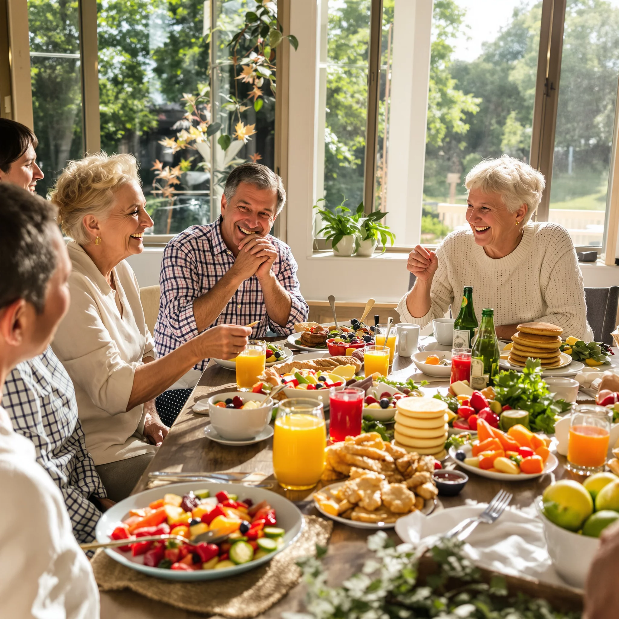 Fröhliches Familienfrühstück im Sonnenlicht