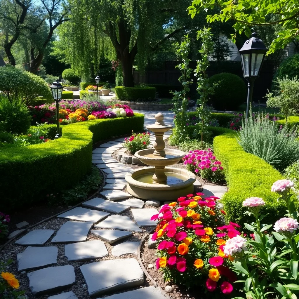 Garten Dekoration mit Brunnen und Blumen