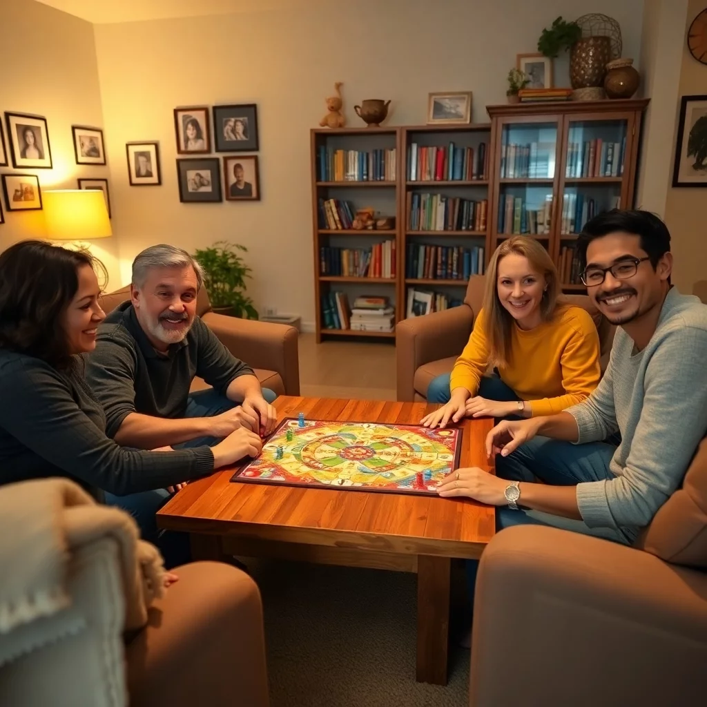 Gemeinsamer Brettspielabend im Wohnzimmer