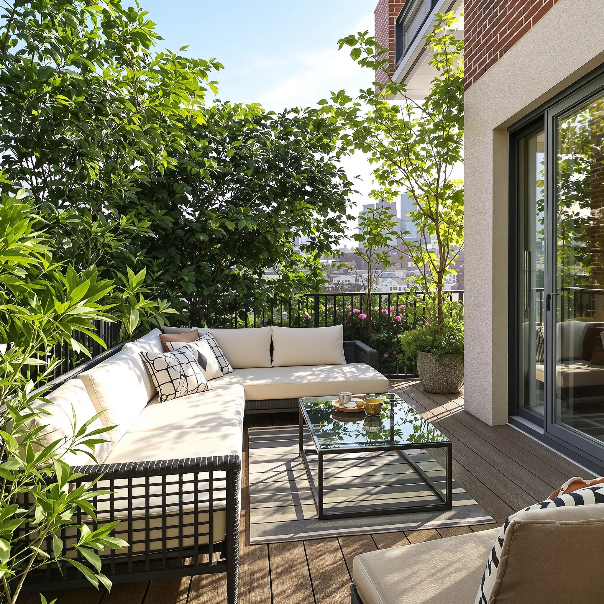 Gemütlicher Balkon mit Pflanzen und eleganten Möbeln