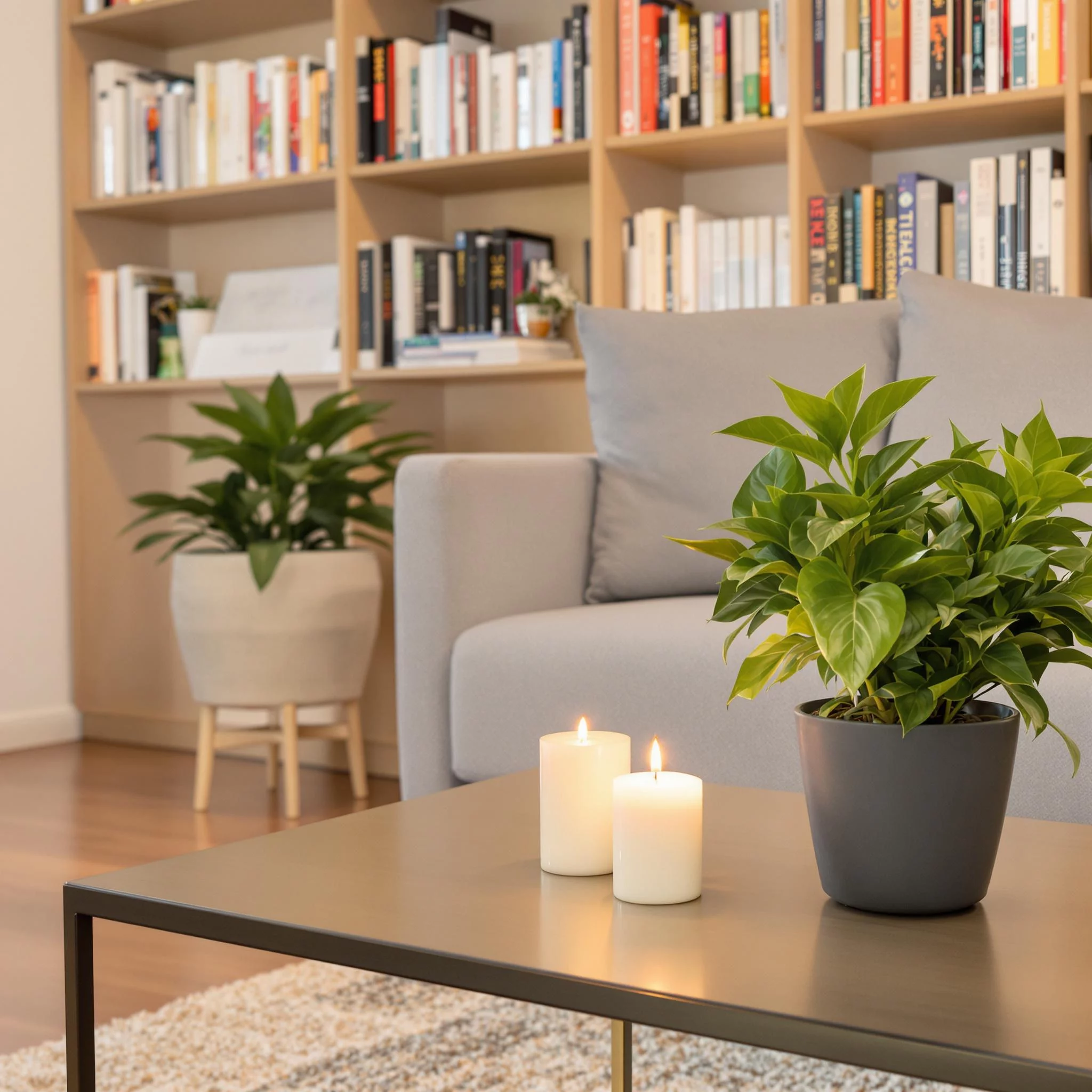 Gemütliches Wohnzimmer mit Kerze und Pflanze