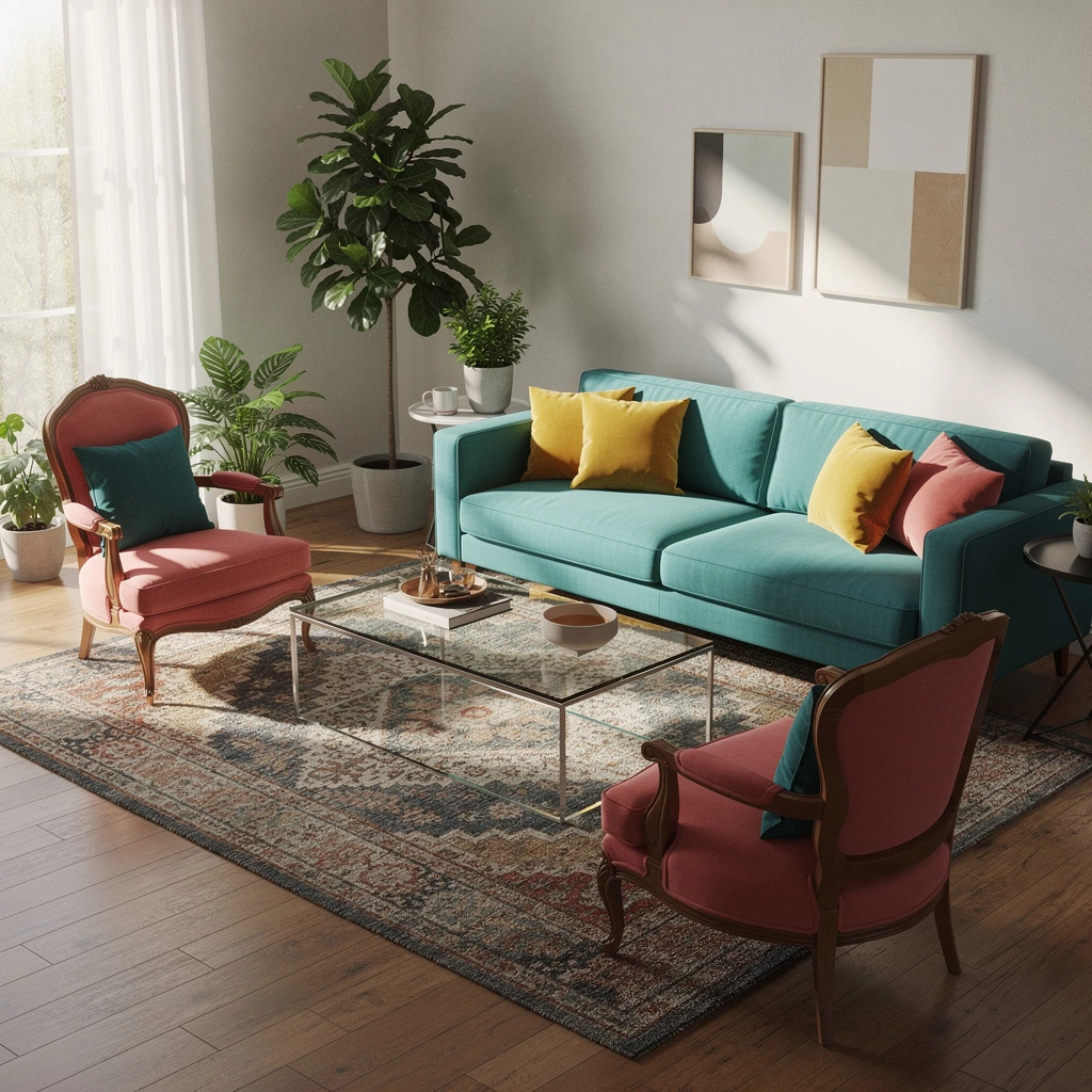 modern living room with various furniture styles, bright colors, cozy