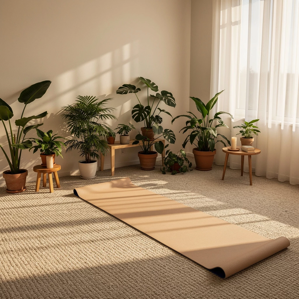 R&uuml;ckzugszone mit Yogamatte und Pflanzen: Oase zum Wohlf&uuml;hlen