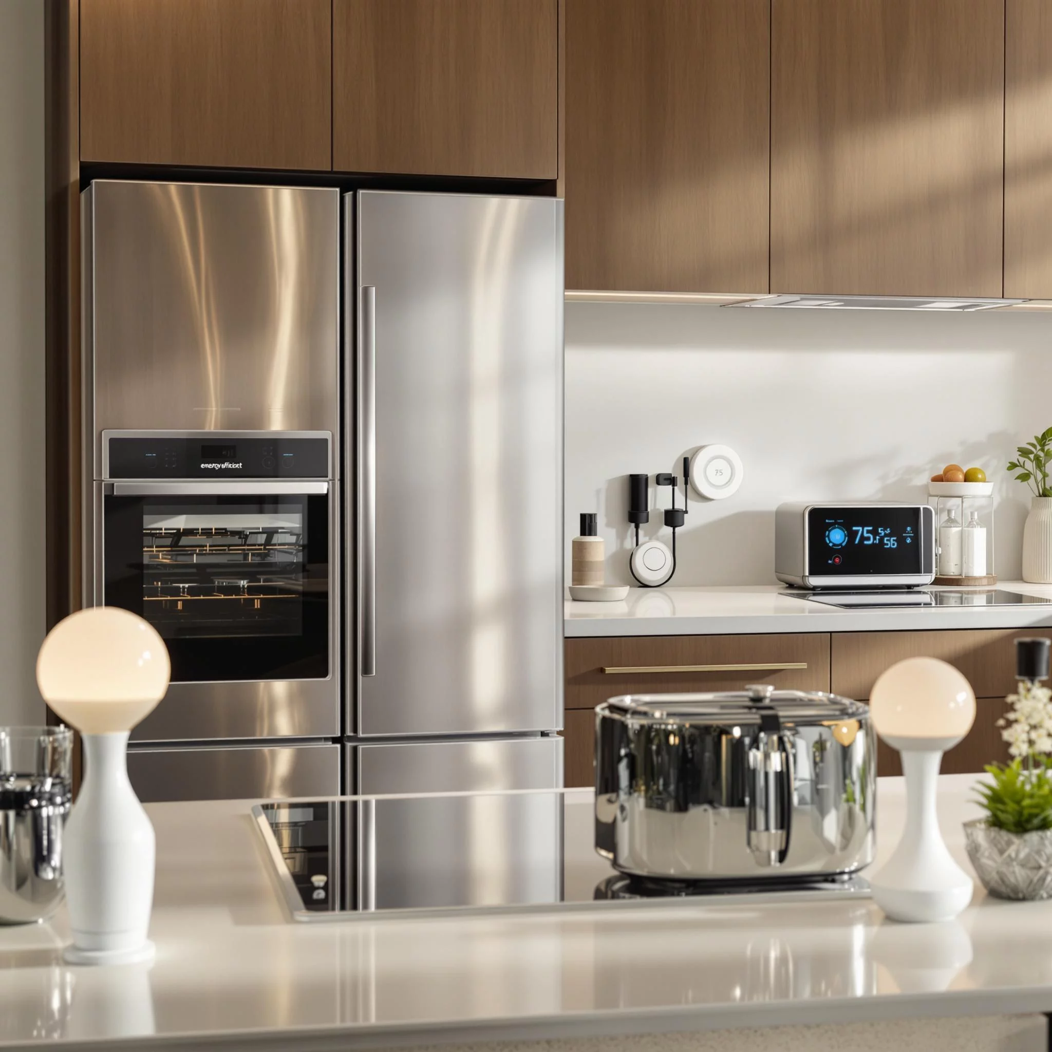 Various energy-efficient appliances and gadgets displayed in a modern home