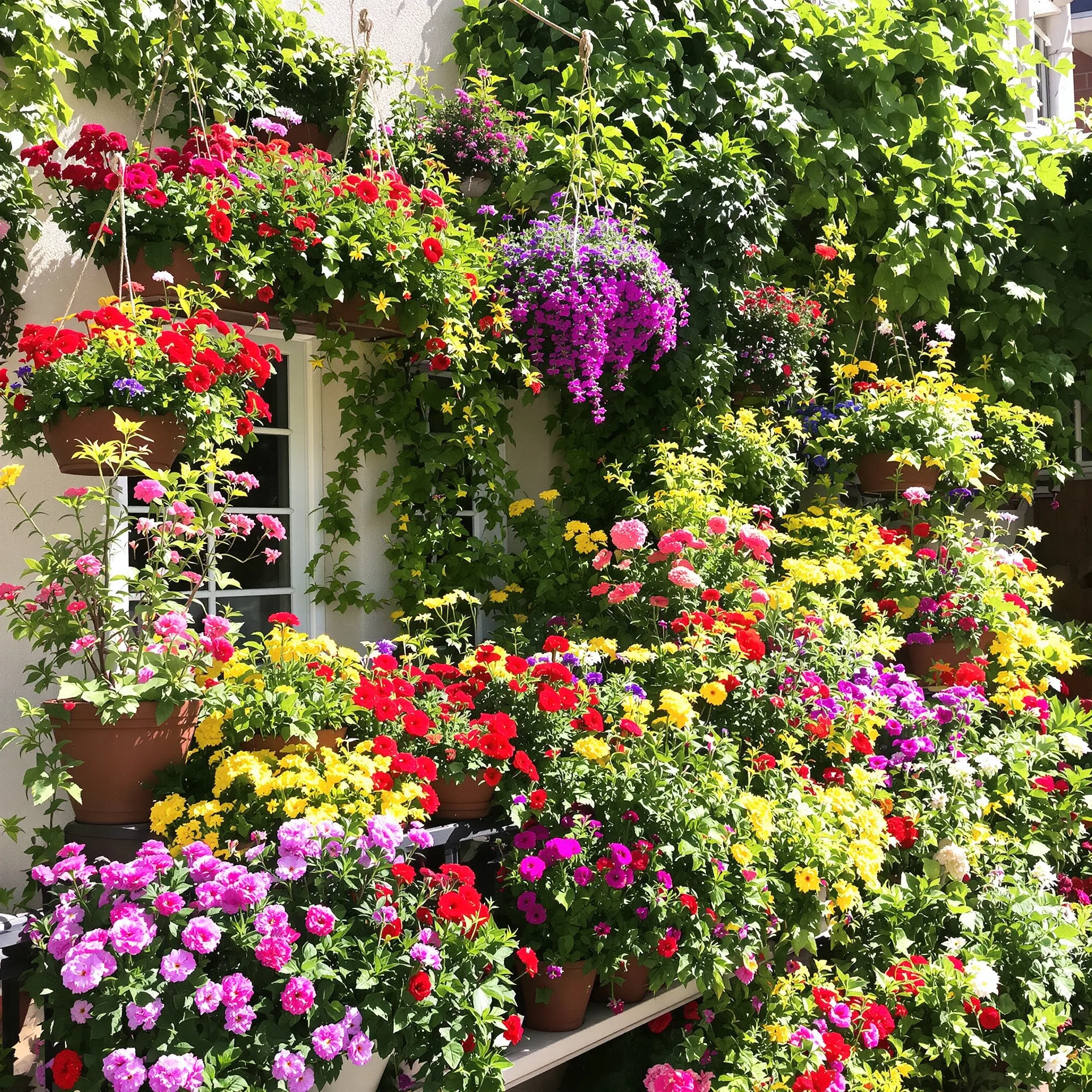 Vibrant balcony garden with a variety of potted plants and