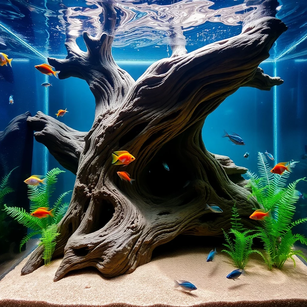 Aquarium mit Verschlungener Wurzel und Fischen.