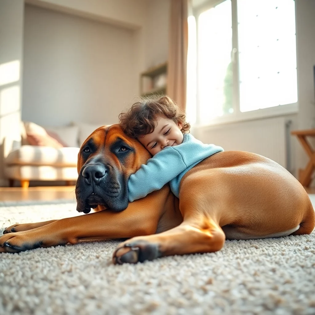 Boerboel kuschelt mit Kind im Wohnzimmer