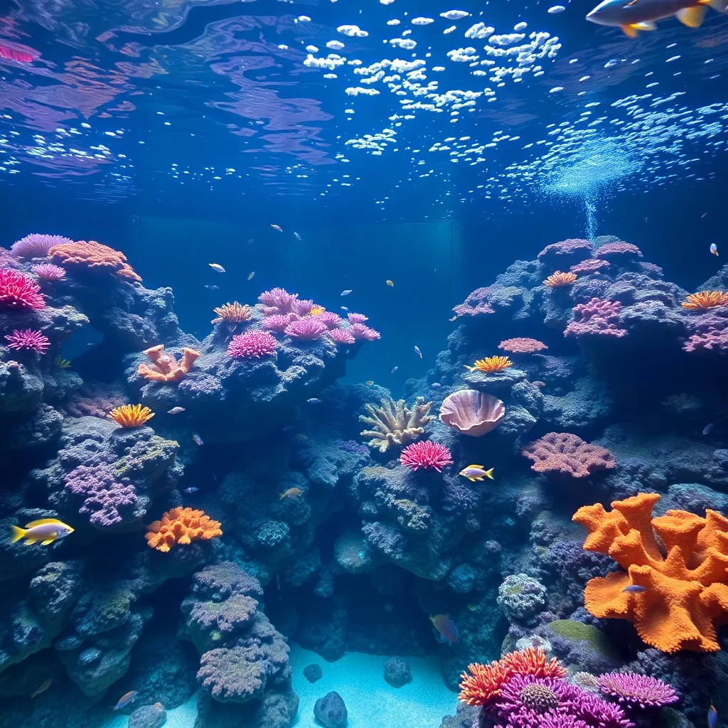 Farbenfrohes Aquarium bei Lichteinfall.