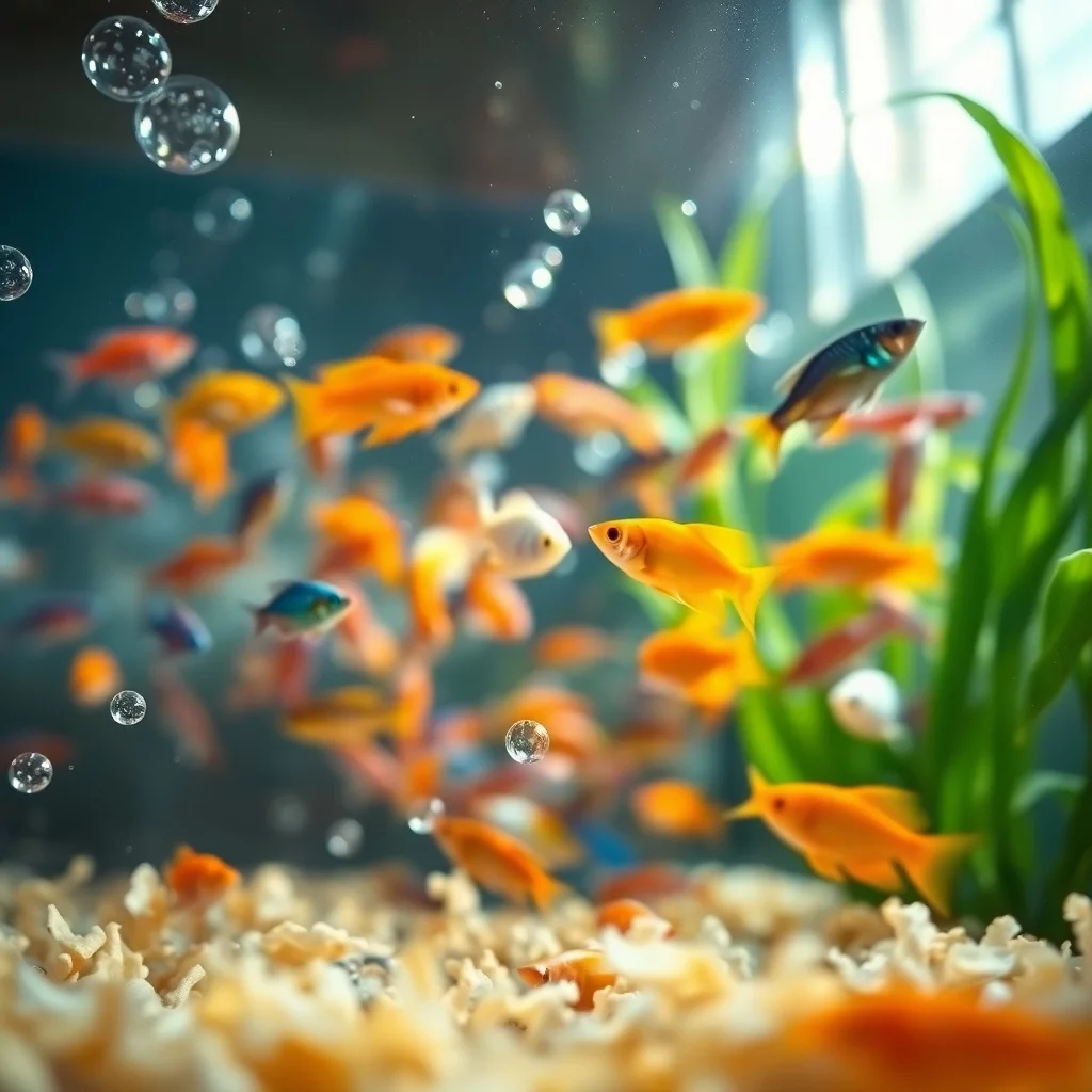Fische im Aquarium mit Flockenfutter