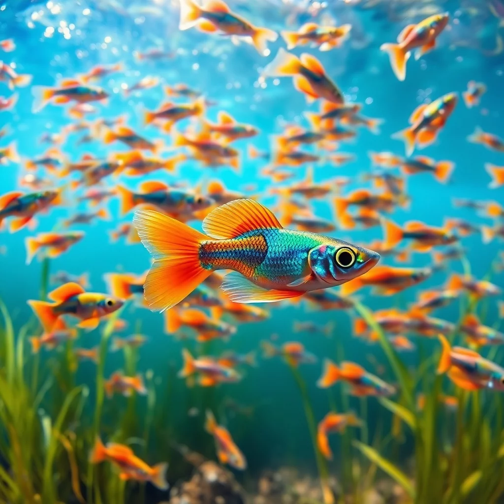 Guppyschwarm im kristallklaren Wasser