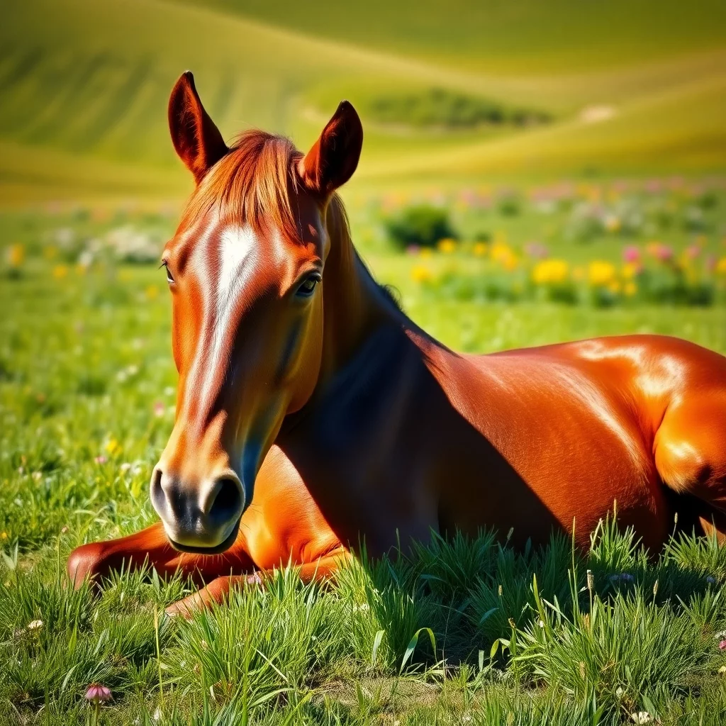Pferd mit Kolikanzeichen im Grünen