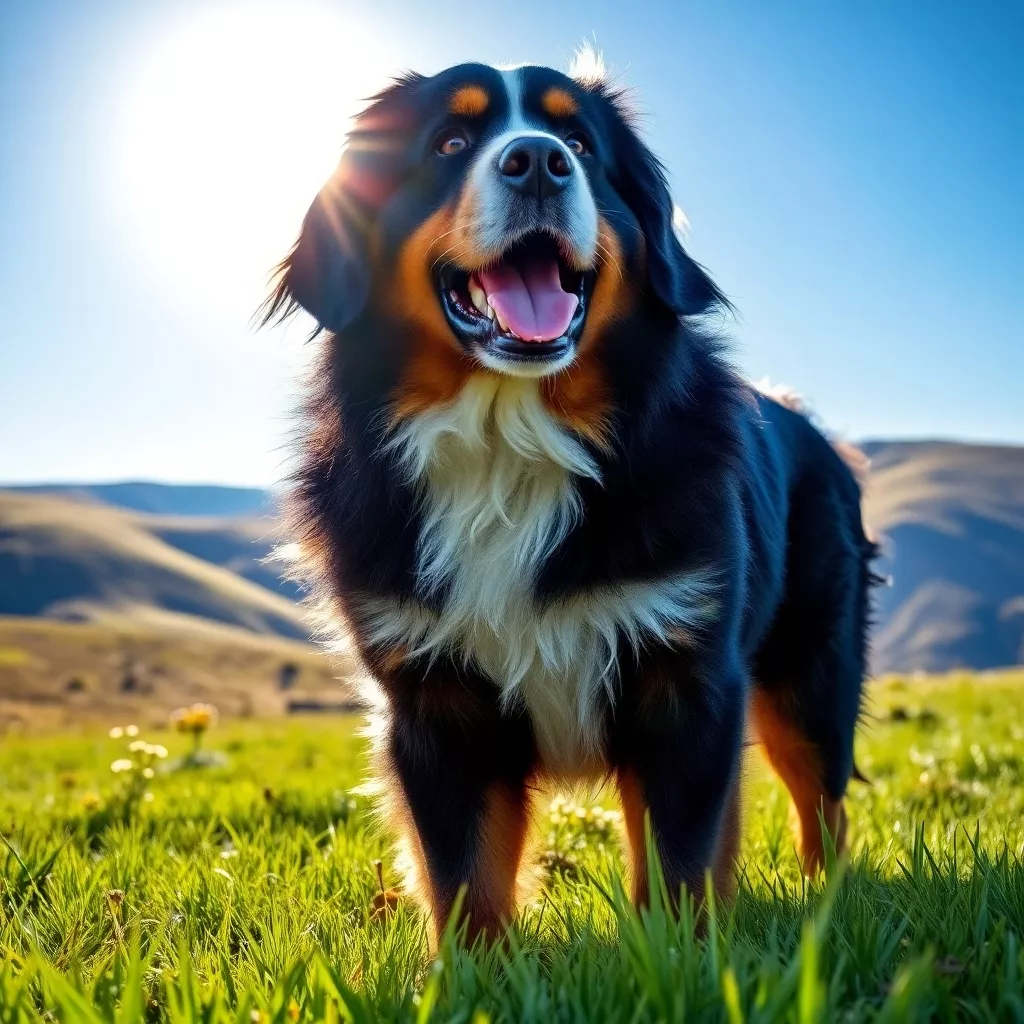 Barkender Berner Sennenhund in grüner Wiese