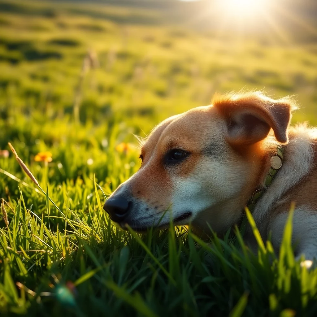 Hund liegt entspannt auf der Wiese