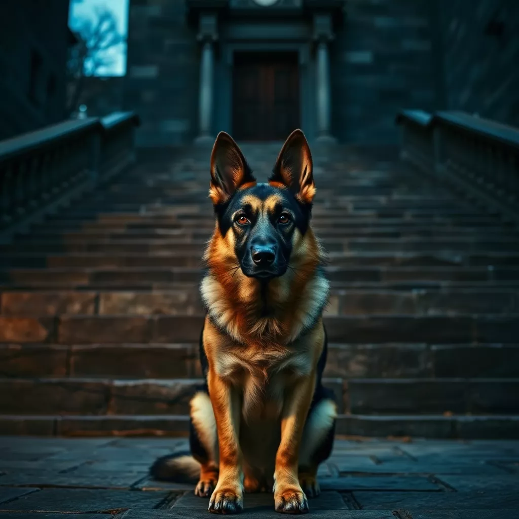 Schäferhund sitzt vor einer Treppe und hat Angst