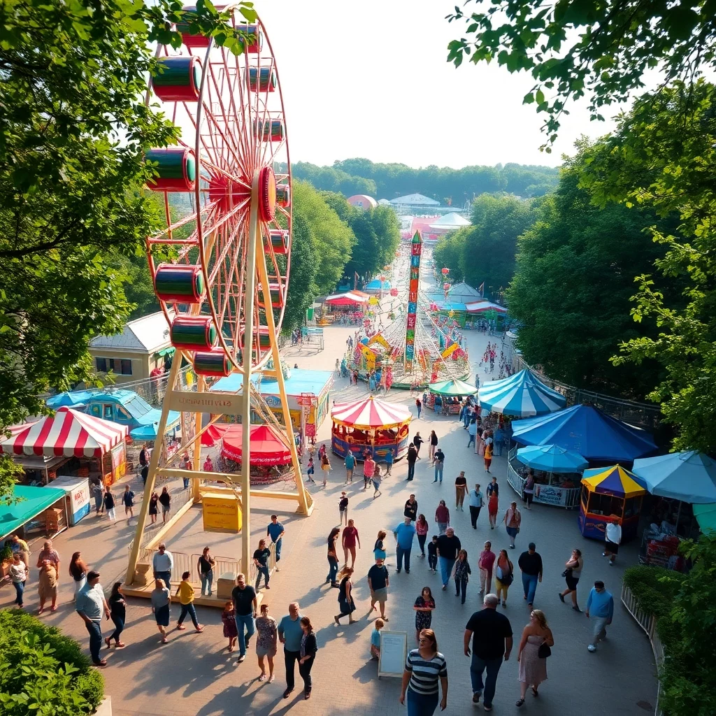 Blick über einen großen belebten Freizeitpark