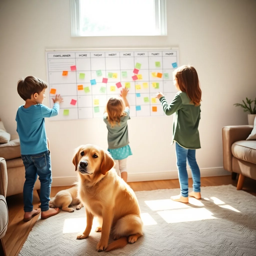 Familienplanung in gemütlichem Wohnzimmer mit Kindern und Hund