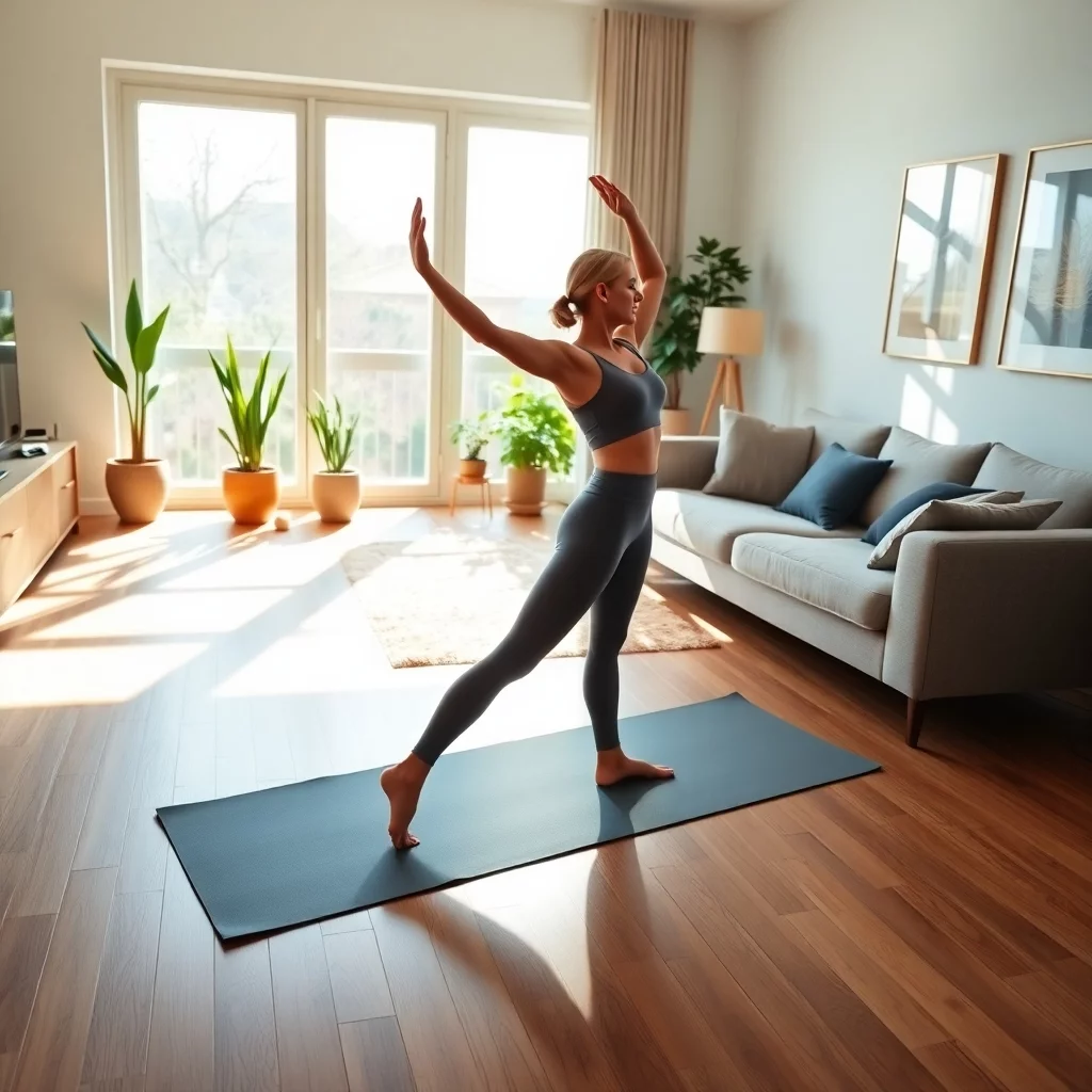 Frau macht Yoga im Wohnzimmer