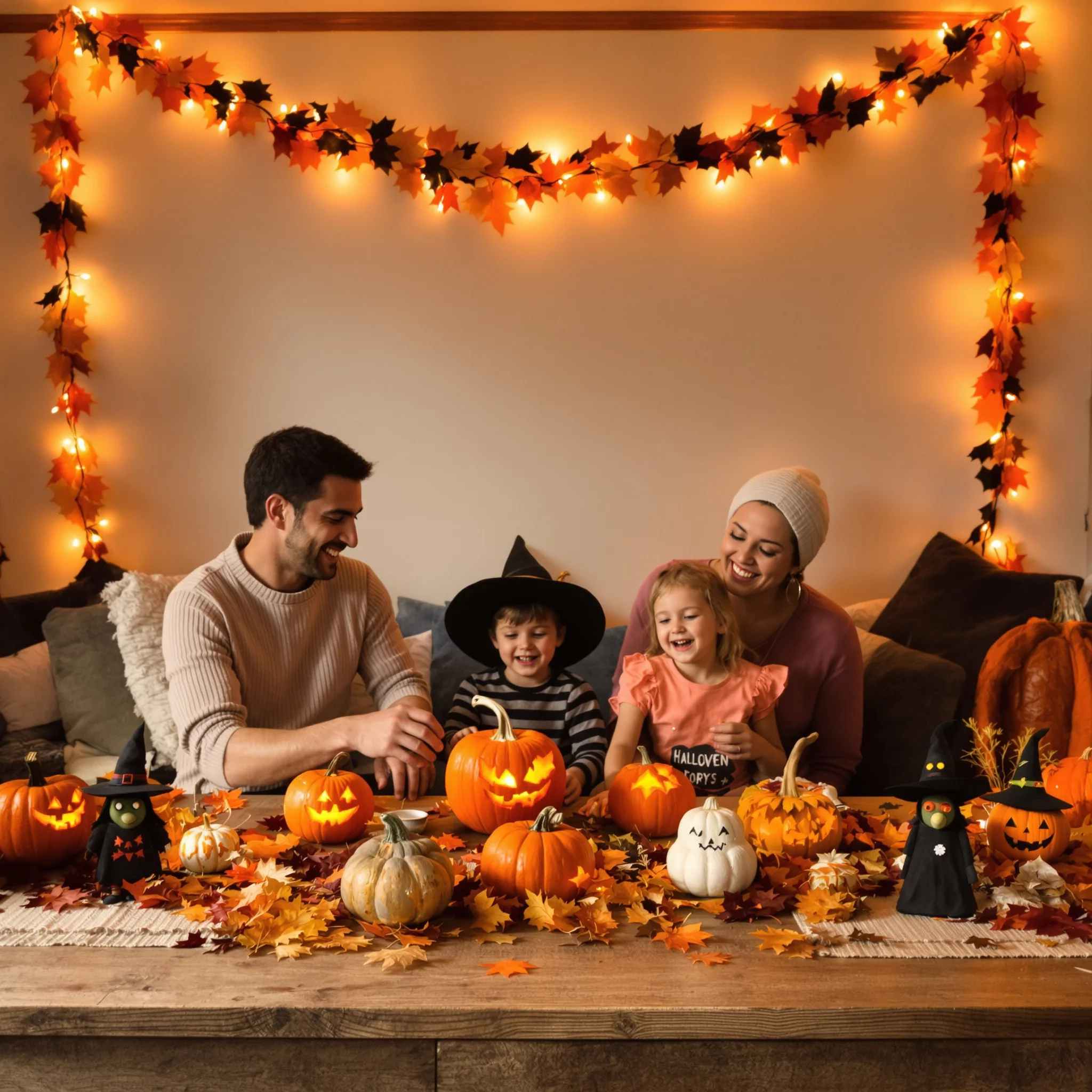 Fröhliche Familie schnitzt Kürbisse zu Halloween