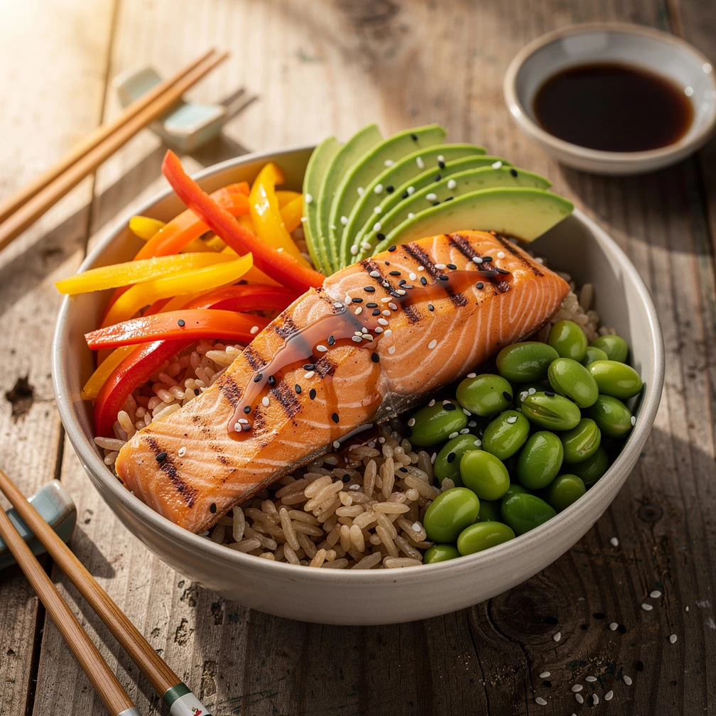 Superfood Bowl mit Lachs, Gem&uuml;se & Naturreis &ndash; asiatisch und gesund