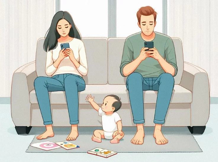 Grafik Familienszene_KI generiert_Handy_Eltern_Kind_Ravensburger.webp