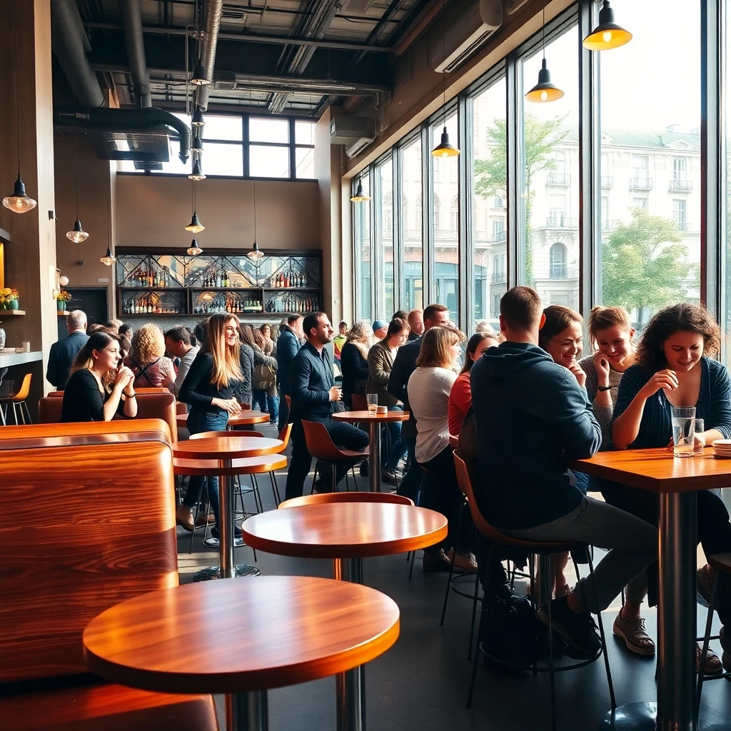 gut besuchtes modernes cafe mit glücklichen menschen