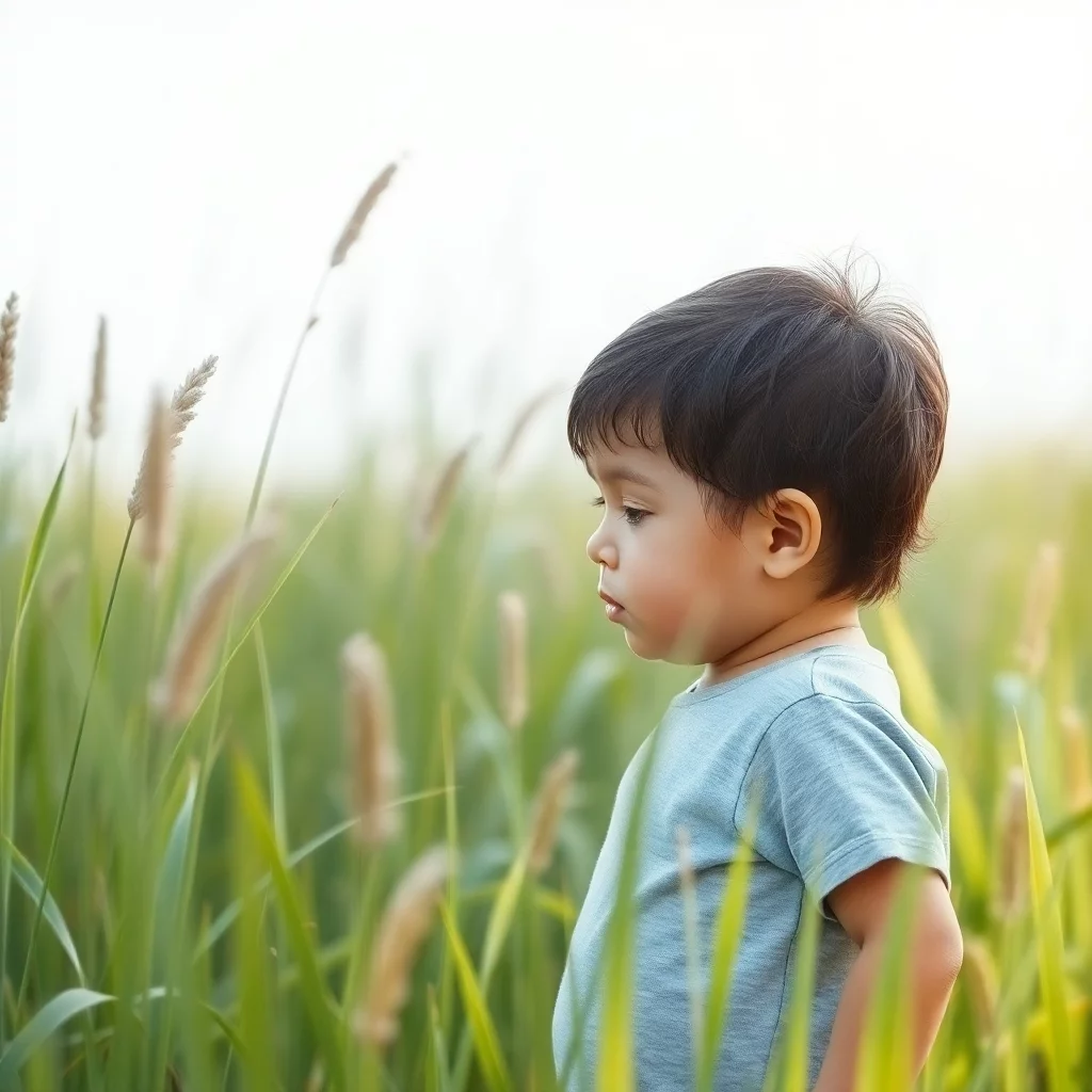 Kind steht im hohen Gras