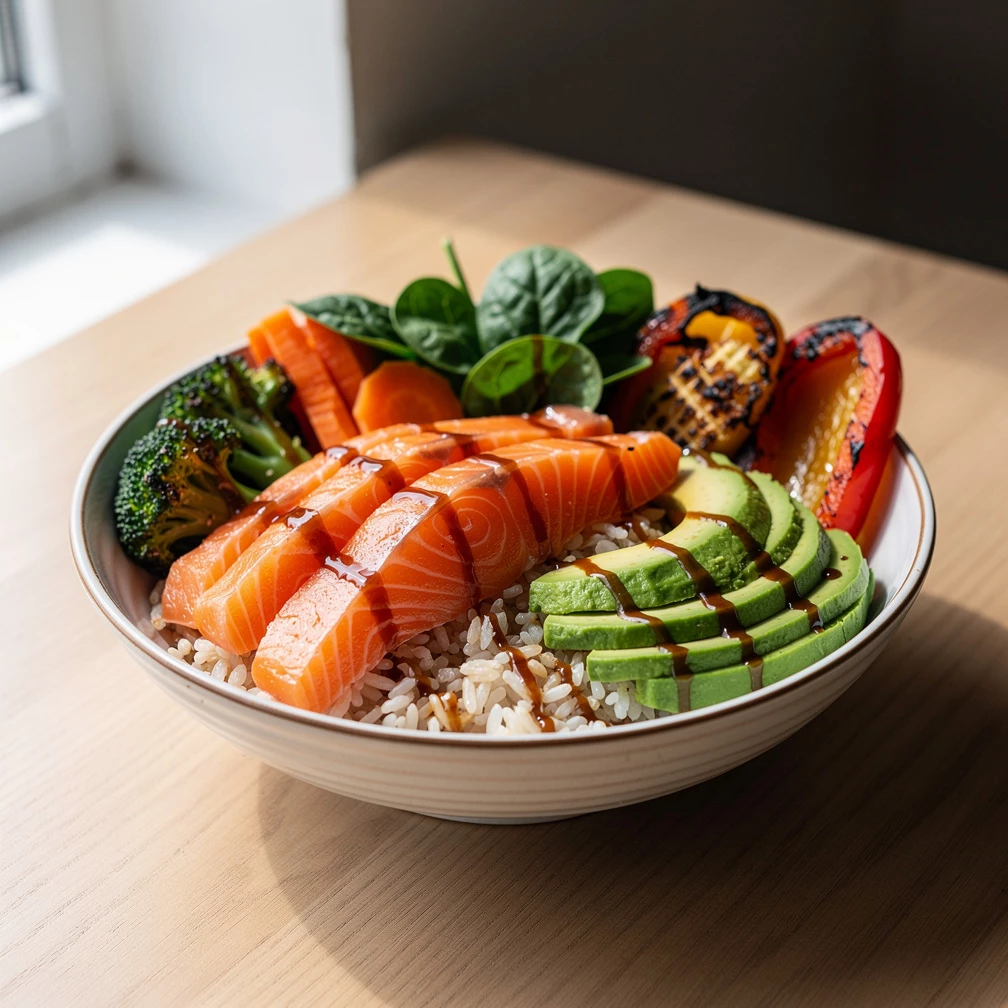 Superfood Bowl mit Lachs, Gemüse & Naturreis – asiatisch und gesund