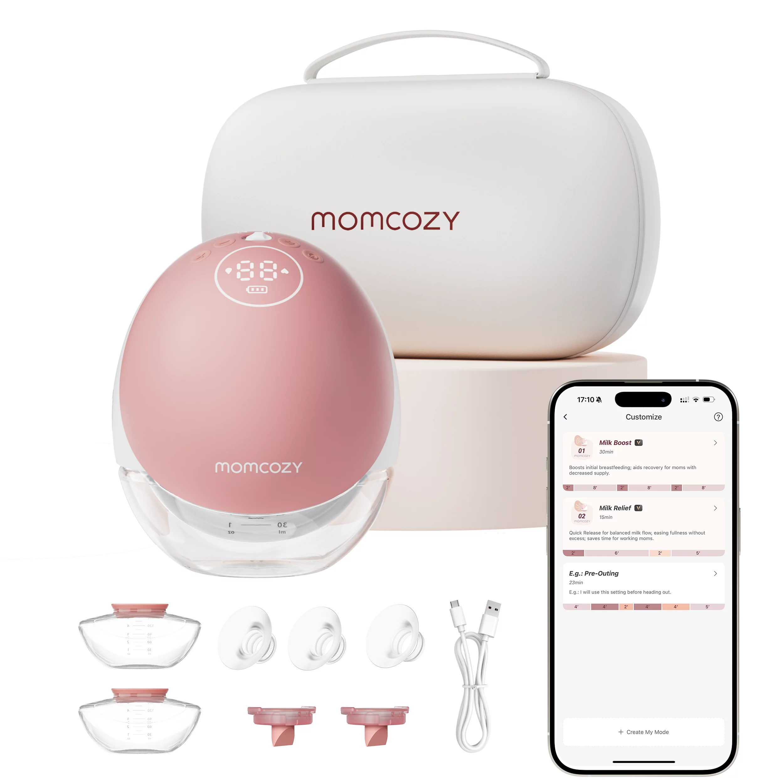 Die Momcozy Milchpumpe MobileFlow M9 mit diversem Zubehör und übersichtlicher App.