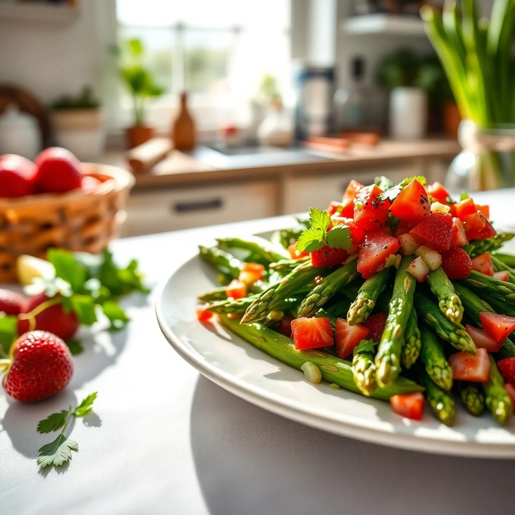 Spargel mit Erdbeer-Salsa im Sonnenlicht