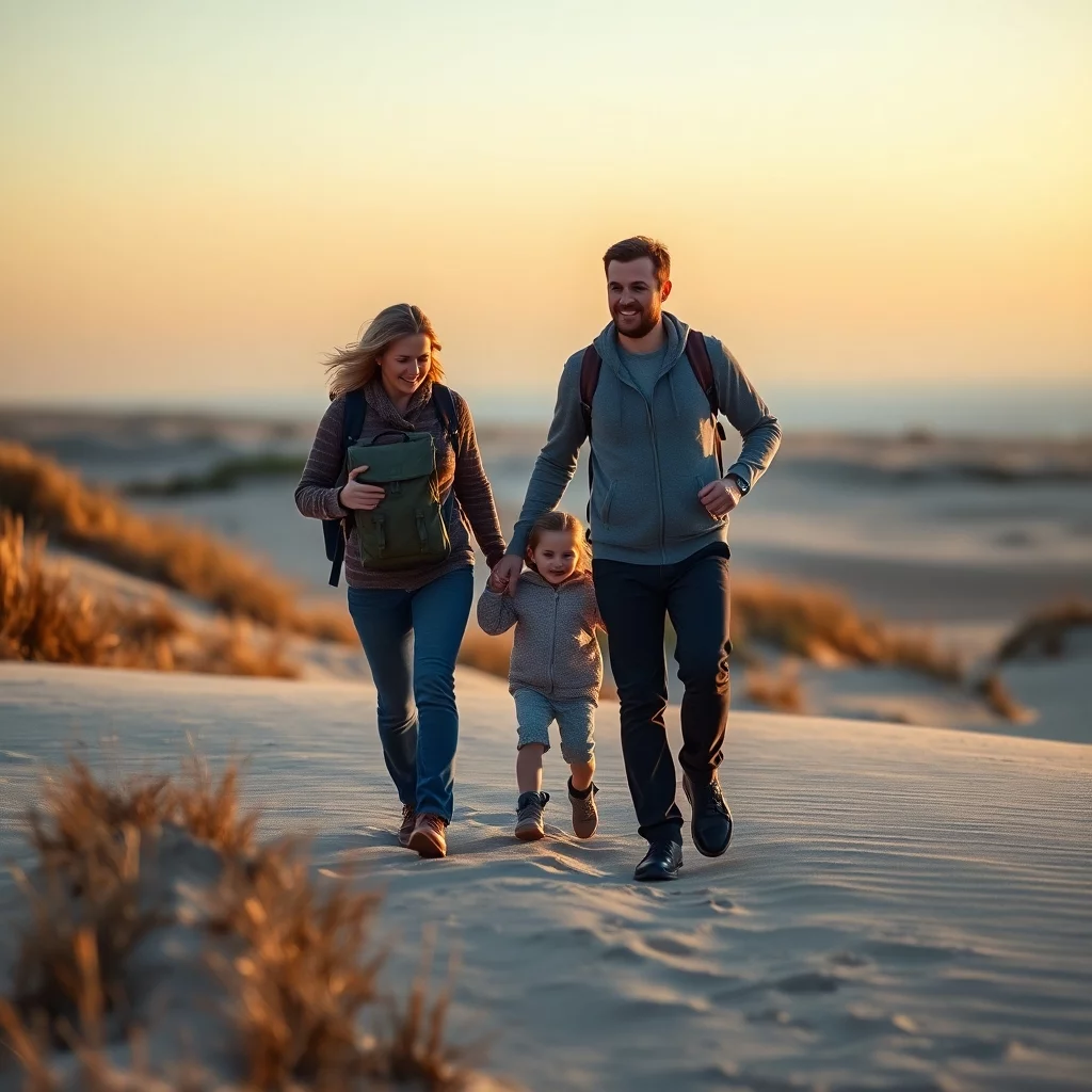 Vater, Mutter und Kind wandern durch die Dünenlandschaft an der