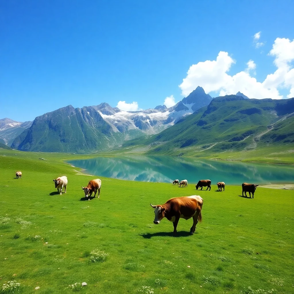 Almwiese mit Kühen und einem Bergsee im Hintergrund